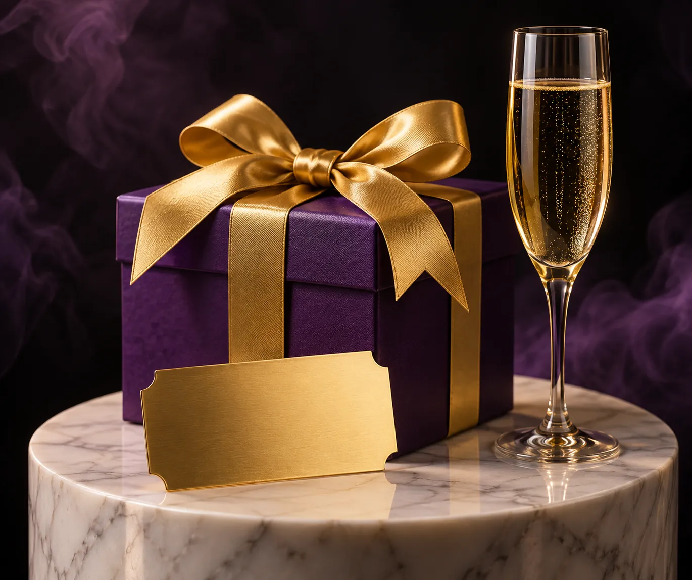 A gift box and ticket displayed on a lit pedestal
