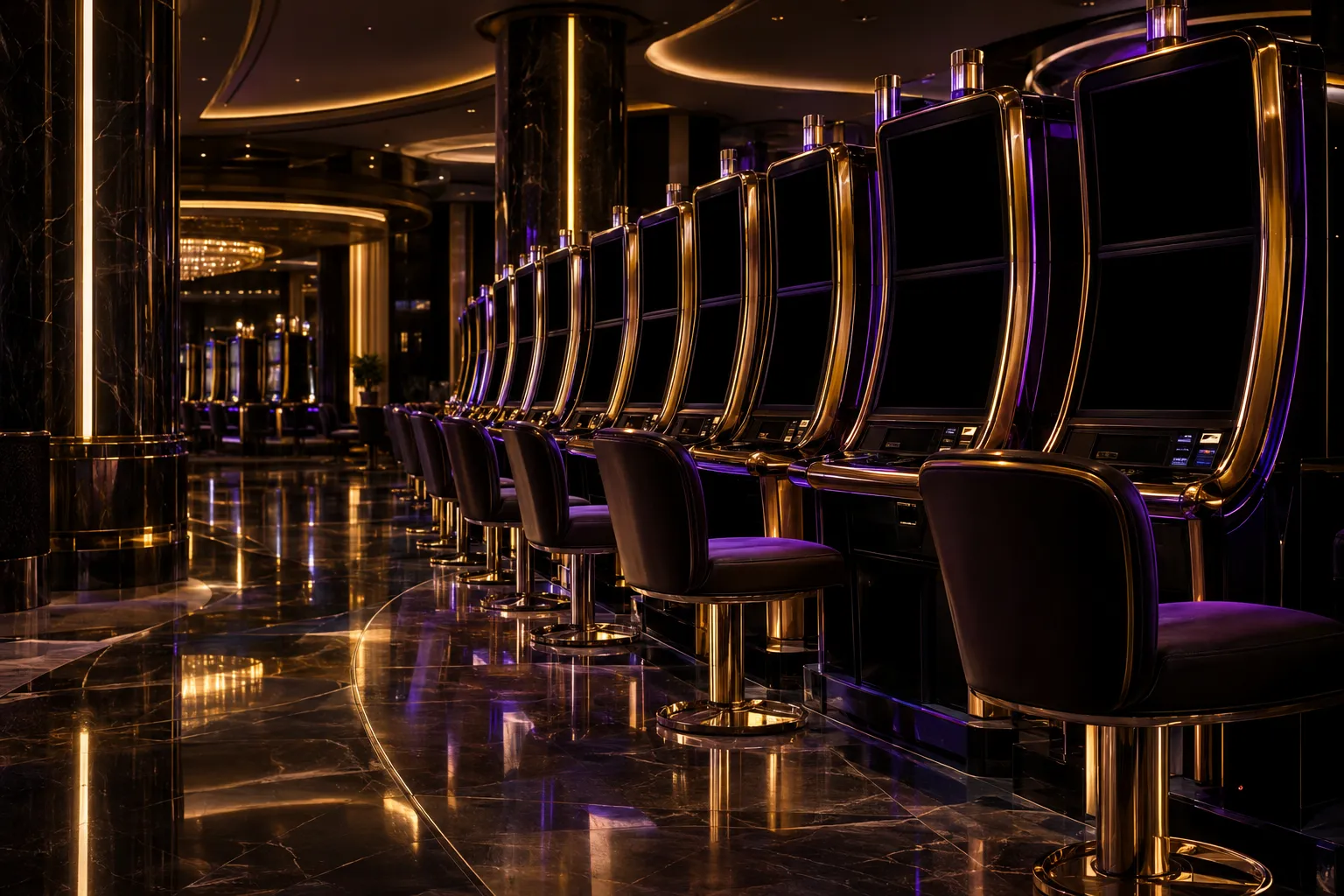 A slot floor bathed in neon light