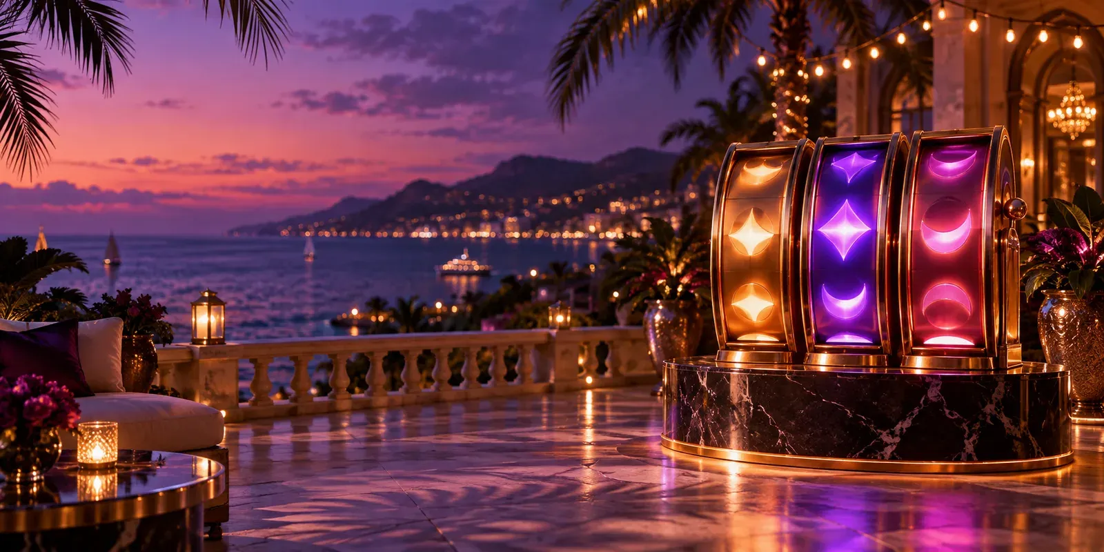 Glowing slot reels lit up on a seaside casino terrace