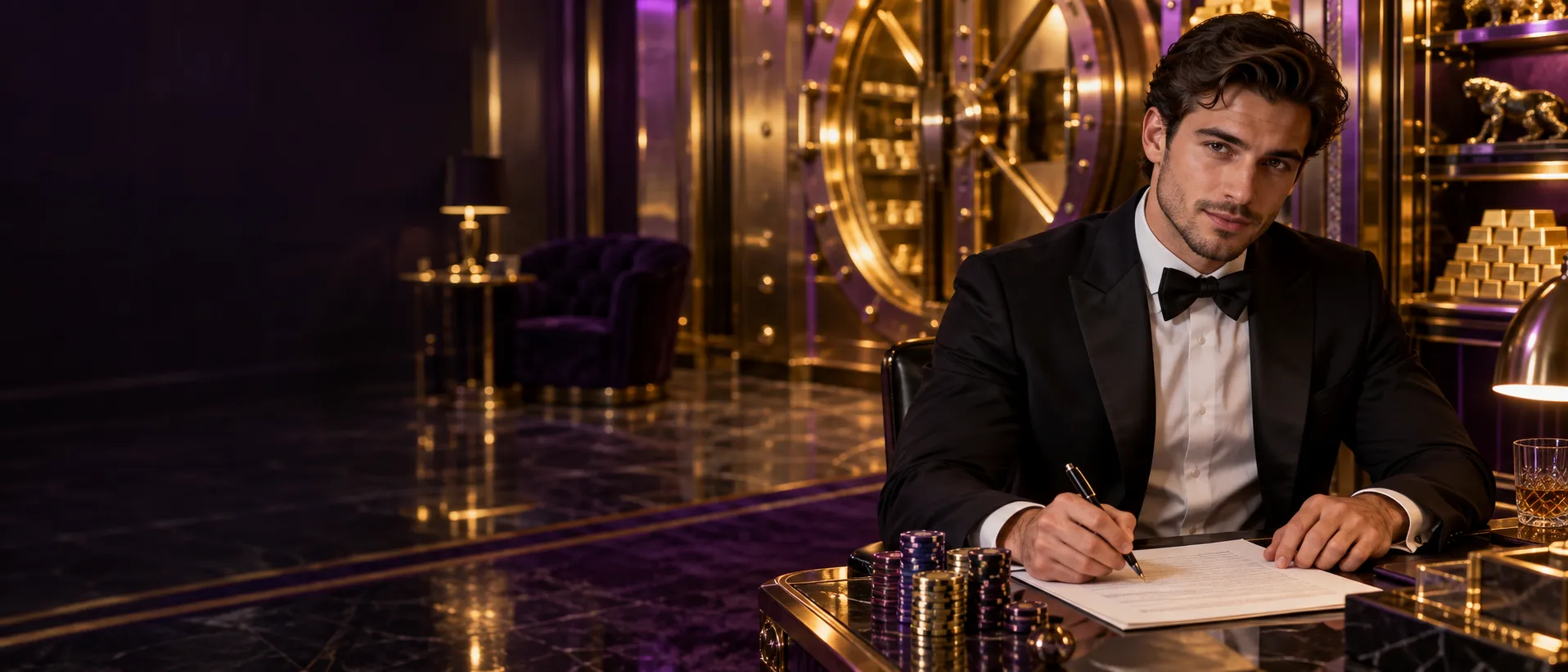Man reviewing a draft beside casino chips in a gold vault