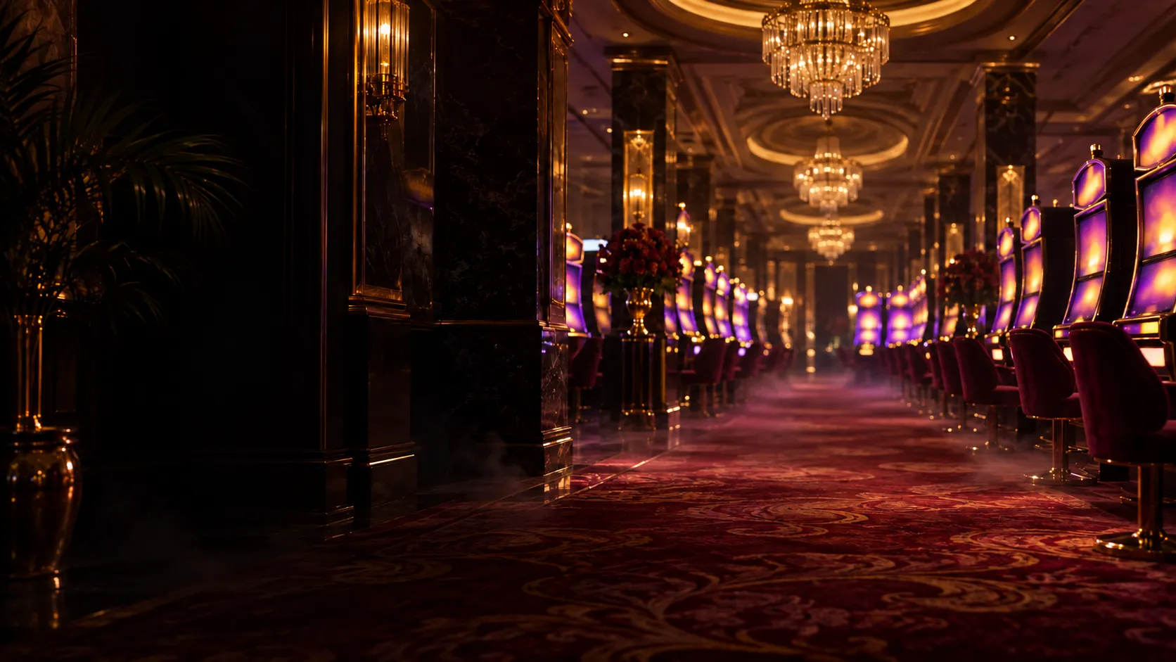 A slot hall glowing in gold and violet light