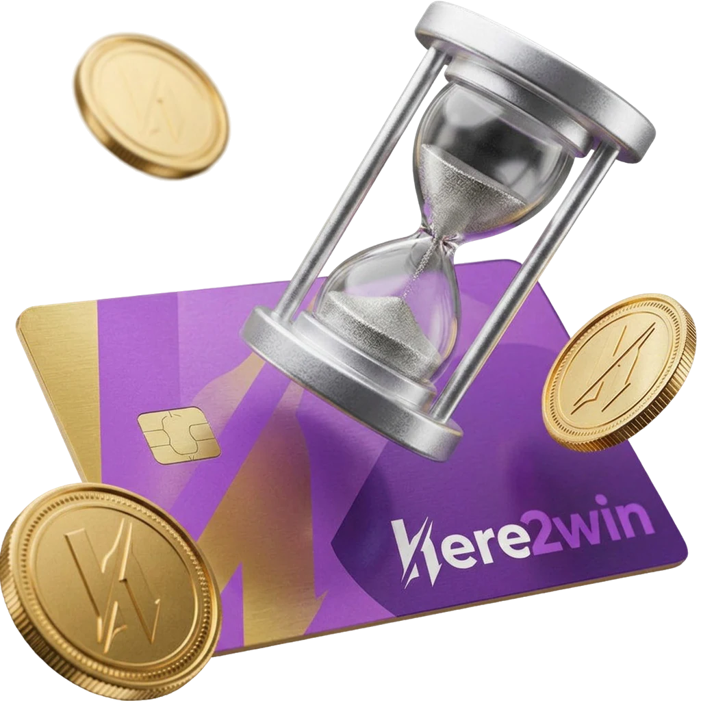 Hourglass resting on a bank card, symbolizing the wait before a verified Here2Win Casino withdrawal