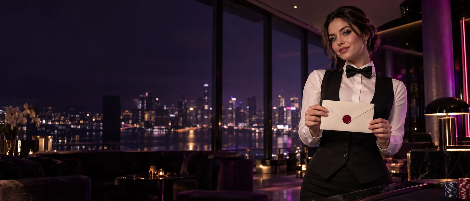 Croupier holding a sealed envelope in a penthouse suite