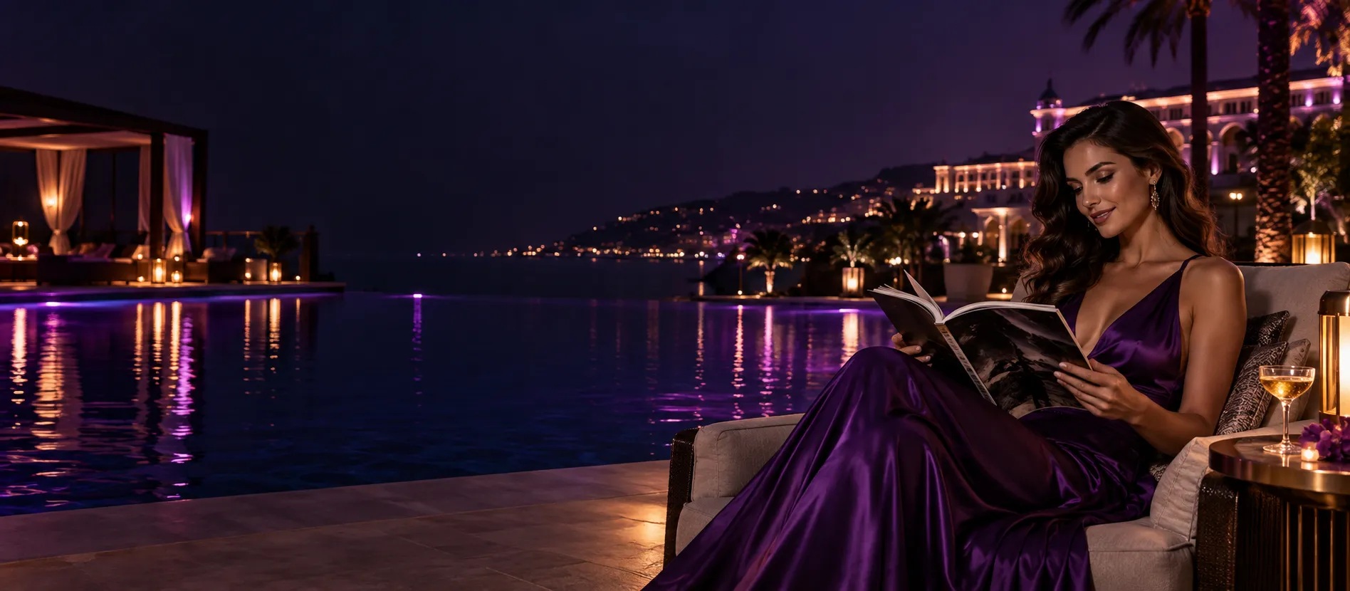 Woman in violet evening dress reading a glossy magazine by a night pool