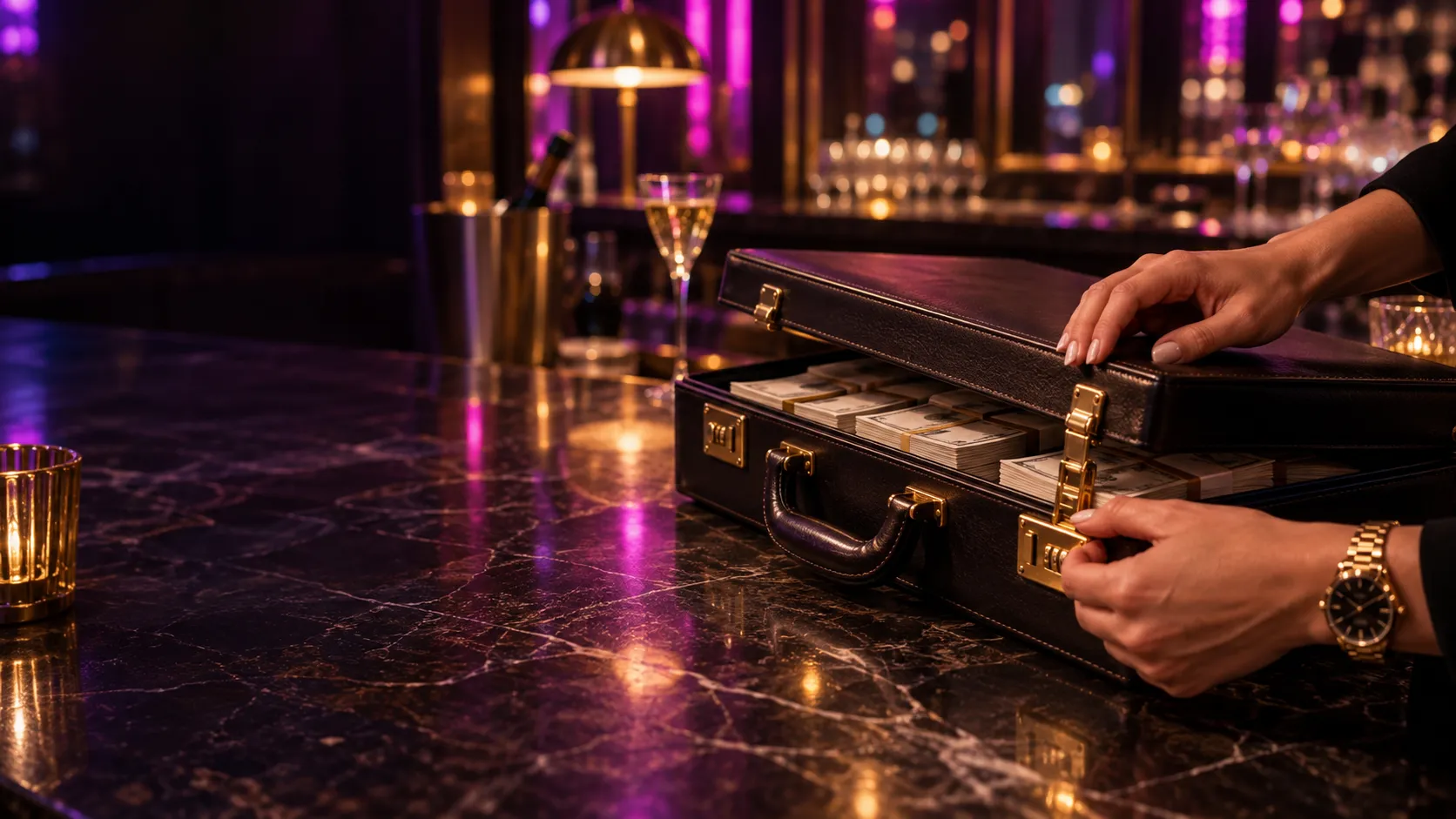 Hands closing a briefcase of banknotes at a mirrored casino bar
