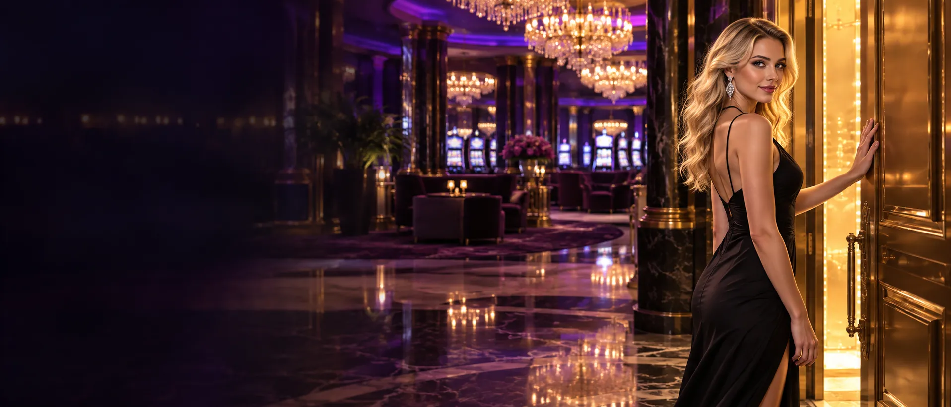 Woman opening a golden casino door, representing account access at Here2Win Casino