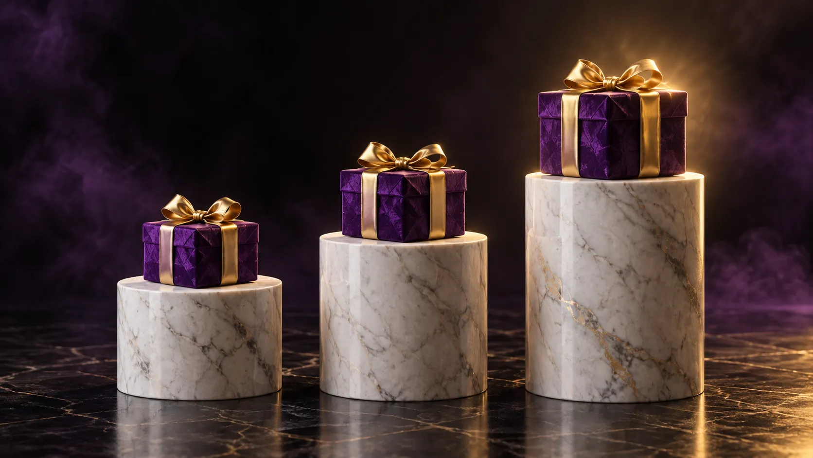 Three raised plinths representing the welcome package's four deposit steps