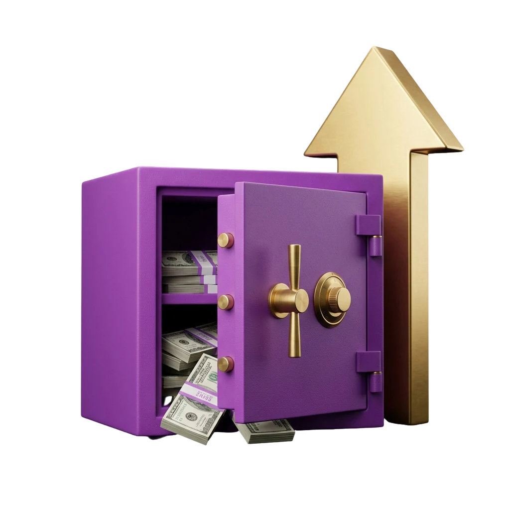 Violet safe with cash spilling from its open door, symbolising a secured withdrawal