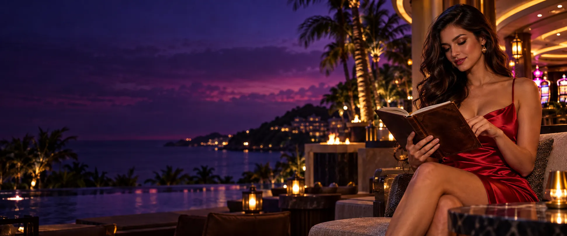 Woman reading an open guidebook on a tropical casino terrace