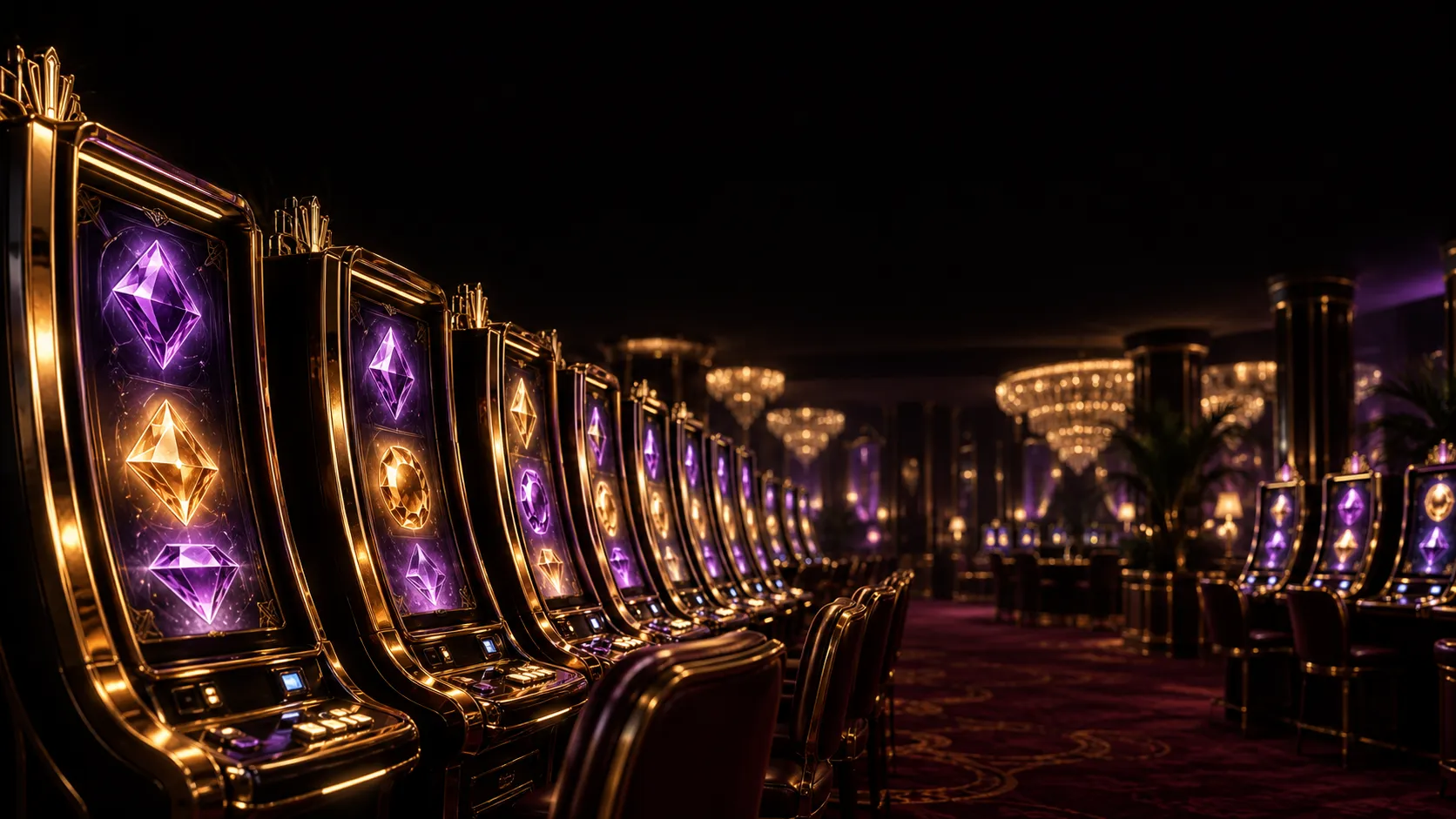 Glowing slot cabinets lined up in soft casino light