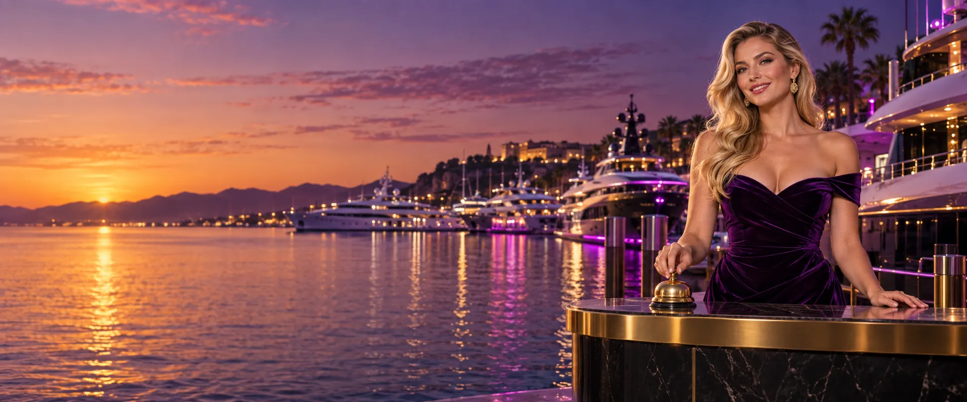 Woman ringing a concierge bell beside a marina of yachts