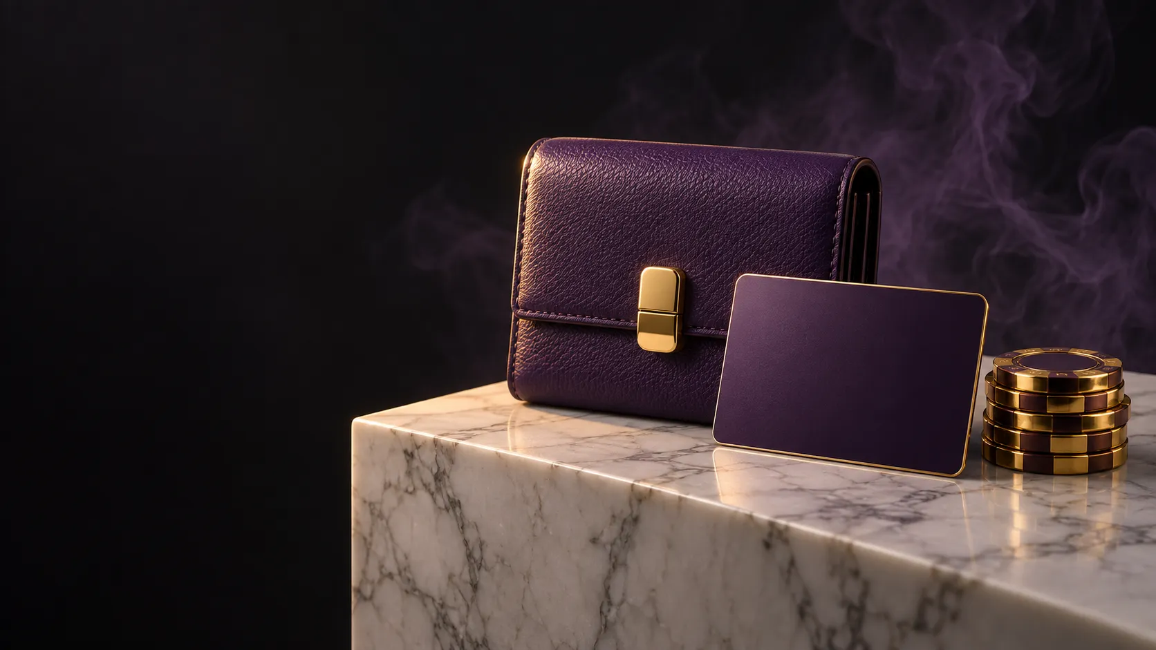 Wallet and payment cards arranged on a marble plinth for the Here2Win Casino cashier