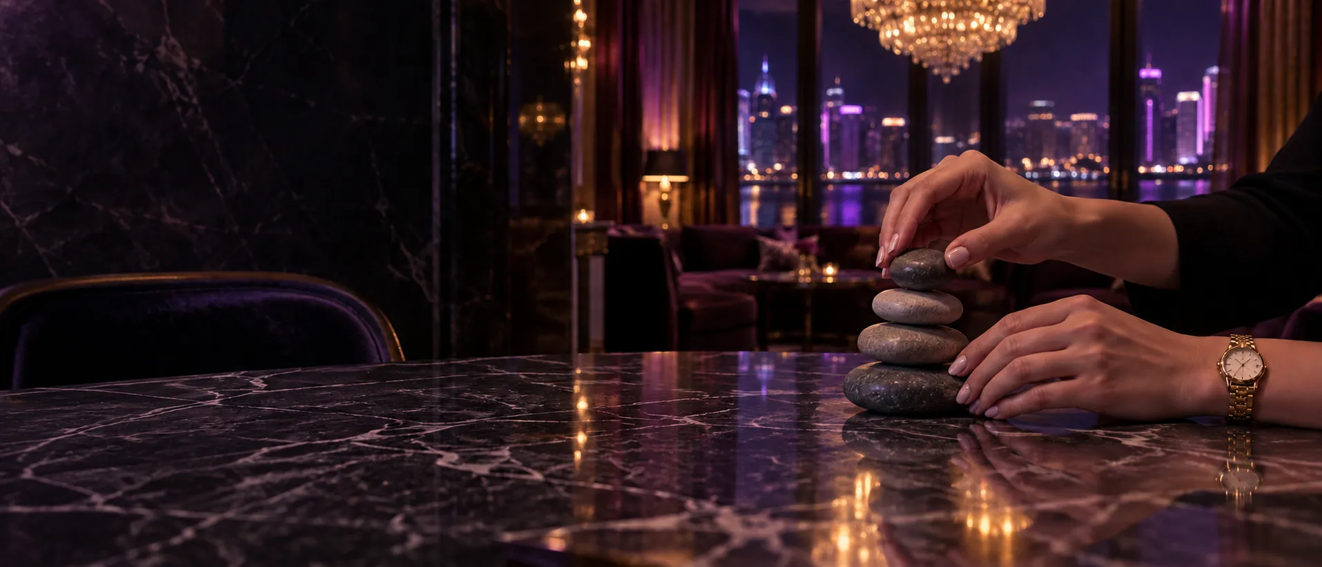 Hands carefully balancing stones on marble in a VIP room