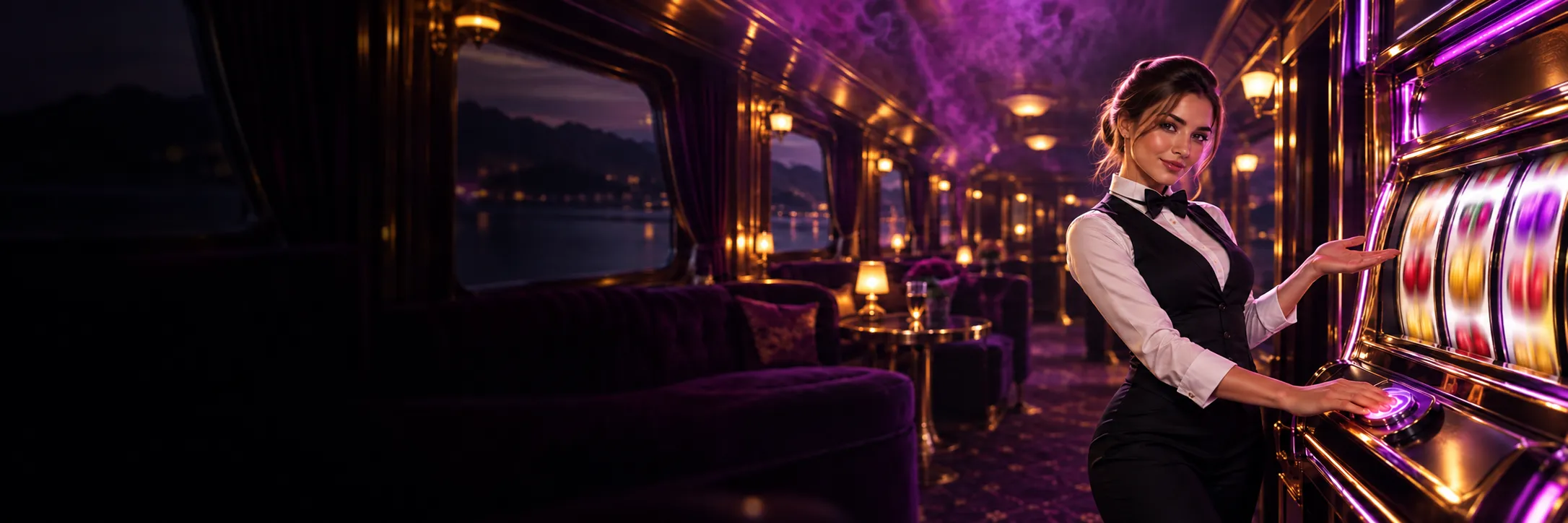 Croupier beside a glowing slot machine in a night-train lounge
