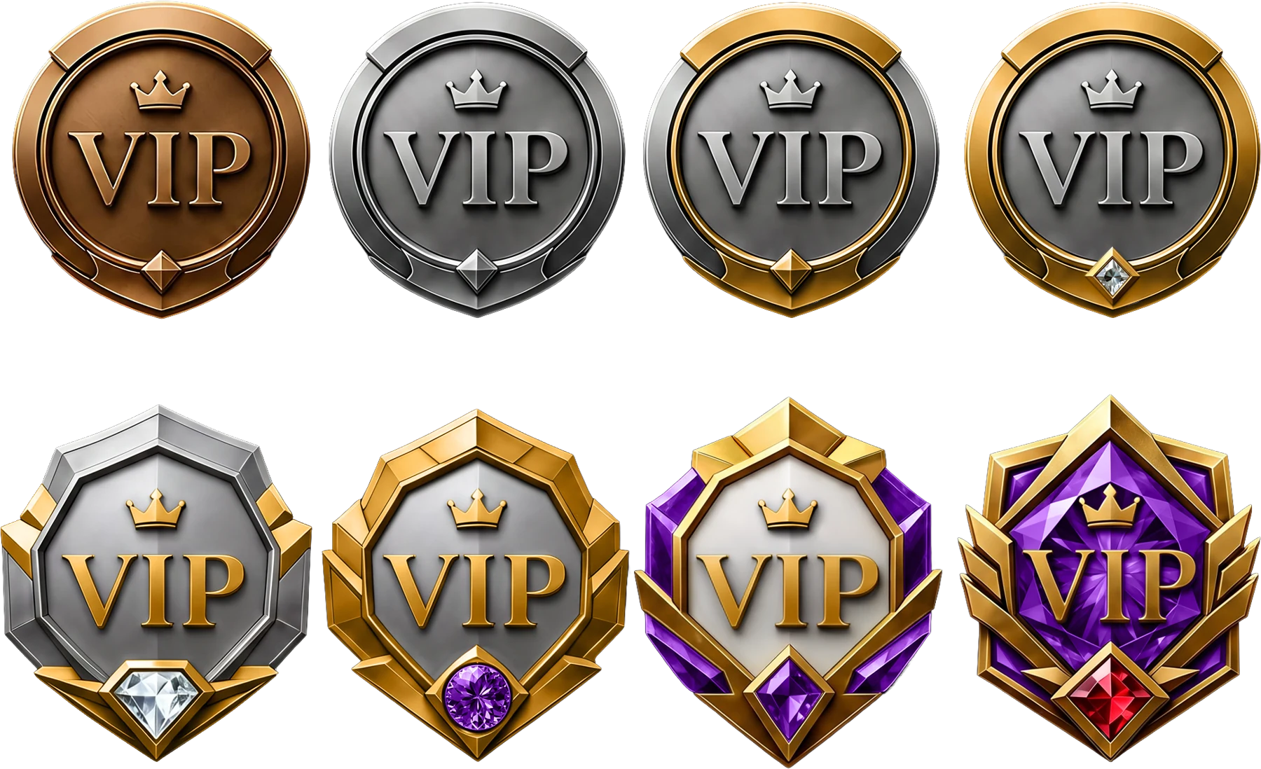 Set of gold, silver and bronze VIP badges representing weekly reward tiers